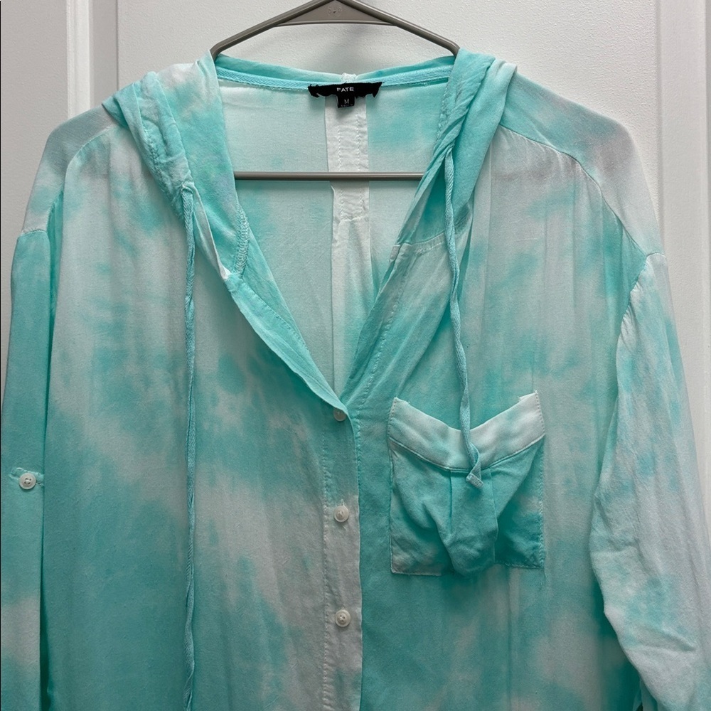 Fate Aqua Tie-Dye Hooded Button Up Top Size Medium Oversized - Picture 3 of 9